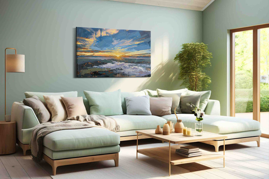 Gilded Tidebreak Dawn landscape canvas print, hanging on wall