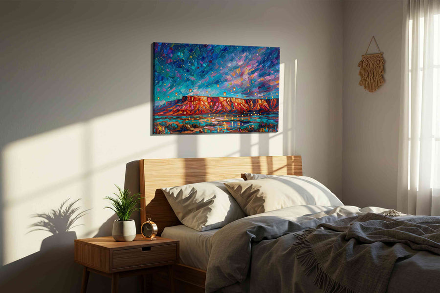 Lanterns Over Painted Mesa landscape canvas print, displayed in a bedroom
