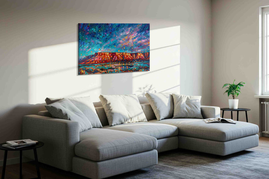 Lanterns Over Painted Mesa landscape canvas print styled in a living room
