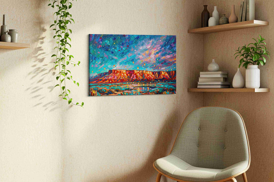 Lanterns Over Painted Mesa landscape canvas print, displayed in a living room