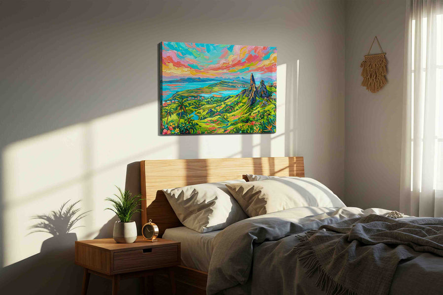 Where the Trade Winds Sing landscape canvas print, displayed in a bedroom
