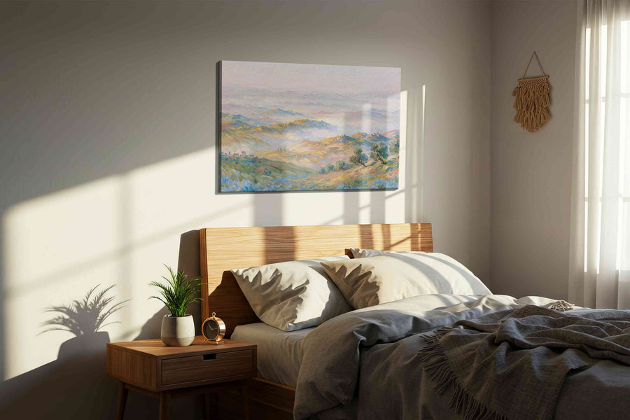 Whispering Hills of Dawn landscape canvas print, displayed in a bedroom