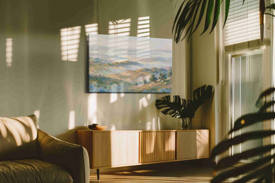 Whispering Hills of Dawn landscape canvas print, on wall, lifestyle preview