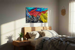 Electric Tidal Reverie modern canvas print, displayed in a bedroom
