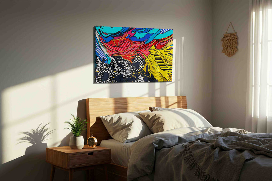 Electric Tidal Reverie modern canvas print, displayed in a bedroom