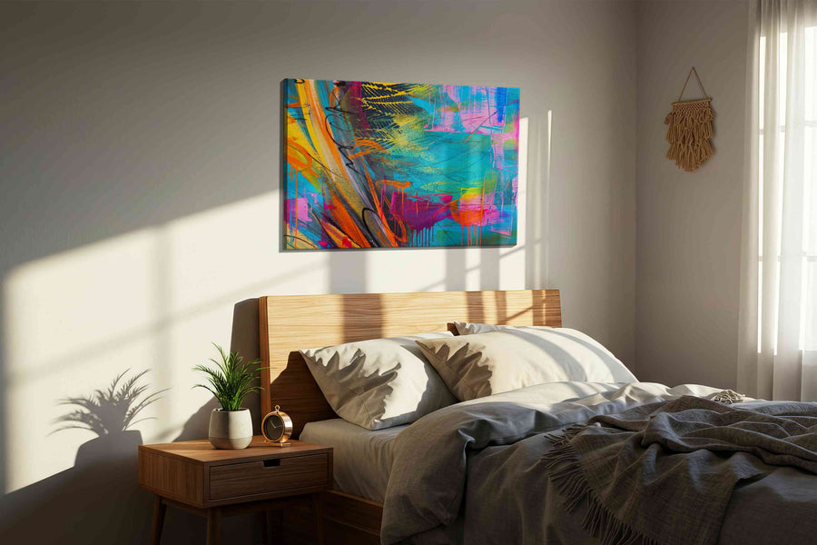 Electric Tides of Reverie modern canvas print, displayed in a bedroom