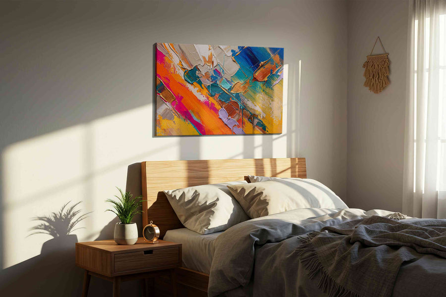 Gilded Tides of Ember modern canvas print, displayed in a bedroom