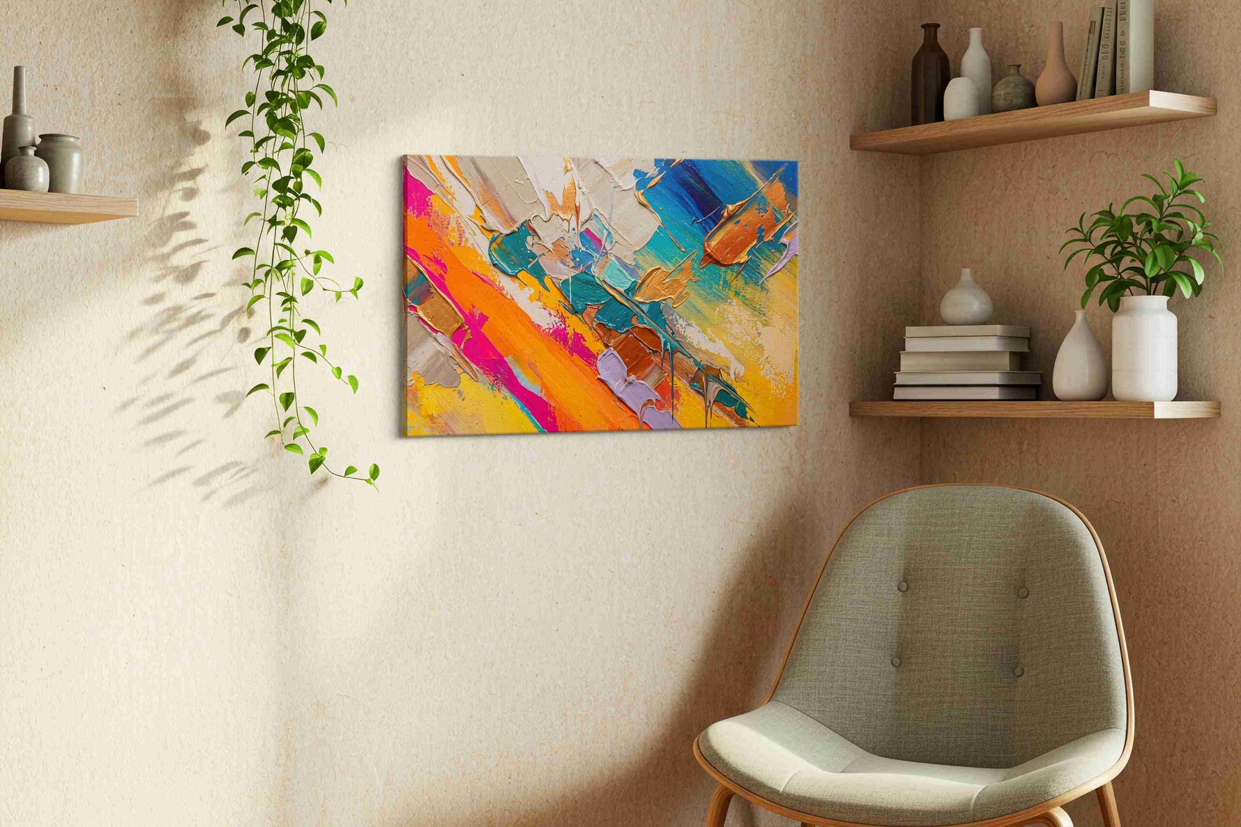 Gilded Tides of Ember modern canvas print, displayed in a living room