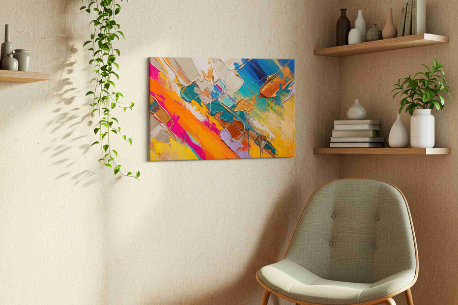Gilded Tides of Ember modern canvas print, displayed in a living room