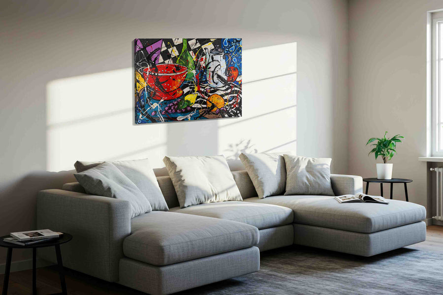 Midnight Feast in Splatter Blue modern canvas print, displayed in a living room