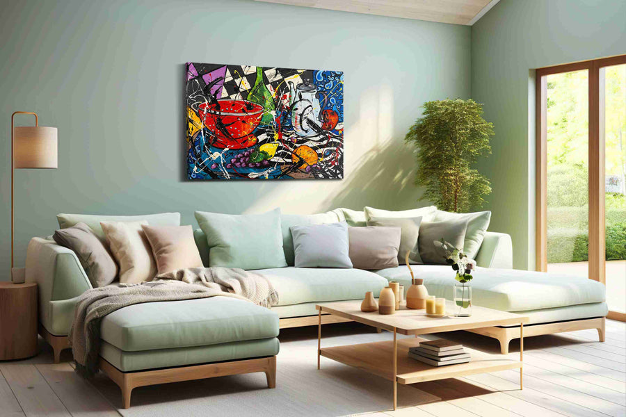 Midnight Feast in Splatter Blue modern canvas print shown in a wall scene