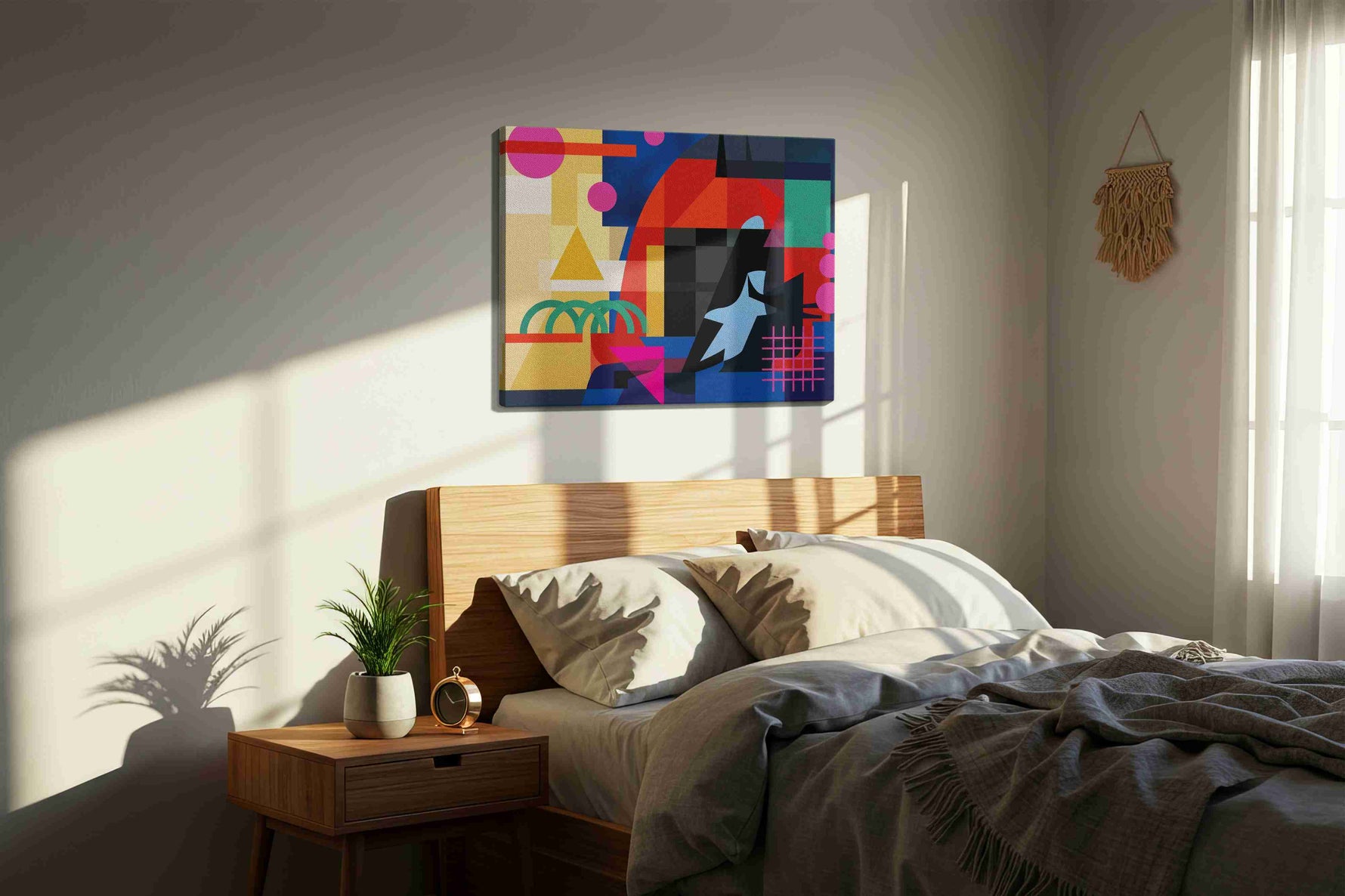 Neon Geometry Nocturne modern canvas print, displayed in a bedroom