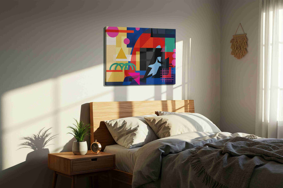 Neon Geometry Nocturne modern canvas print, displayed in a bedroom