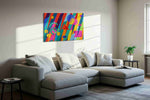 Neon Geometry Parade modern canvas print, displayed in a living room