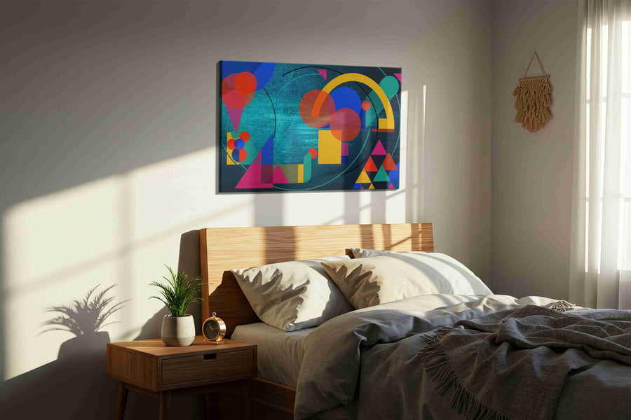 Neon Geometry Tide modern canvas print, displayed in a bedroom