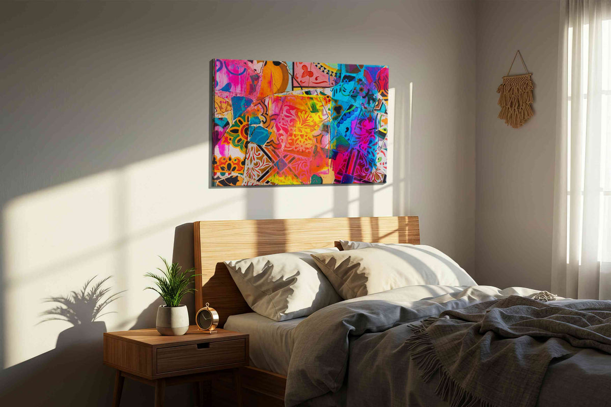 Neon Mosaic Reverie modern canvas print, displayed in a bedroom