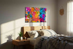 Neon Mosaic Reverie modern canvas print, displayed in a bedroom
