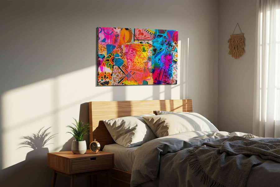 Neon Mosaic Reverie modern canvas print, displayed in a bedroom