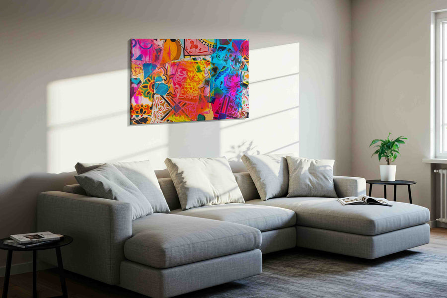 Neon Mosaic Reverie modern canvas print, displayed in a living room