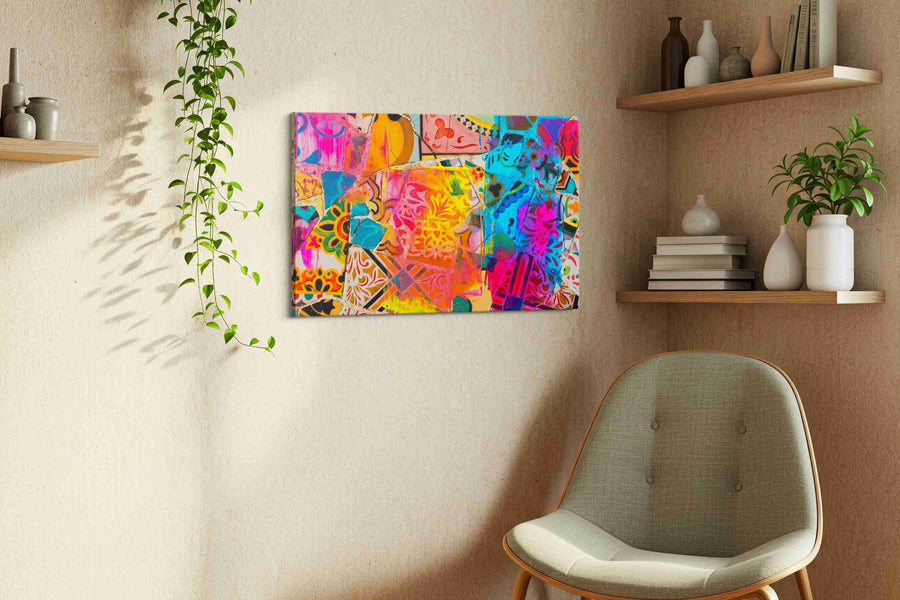 Neon Mosaic Reverie modern canvas print in a living room scene