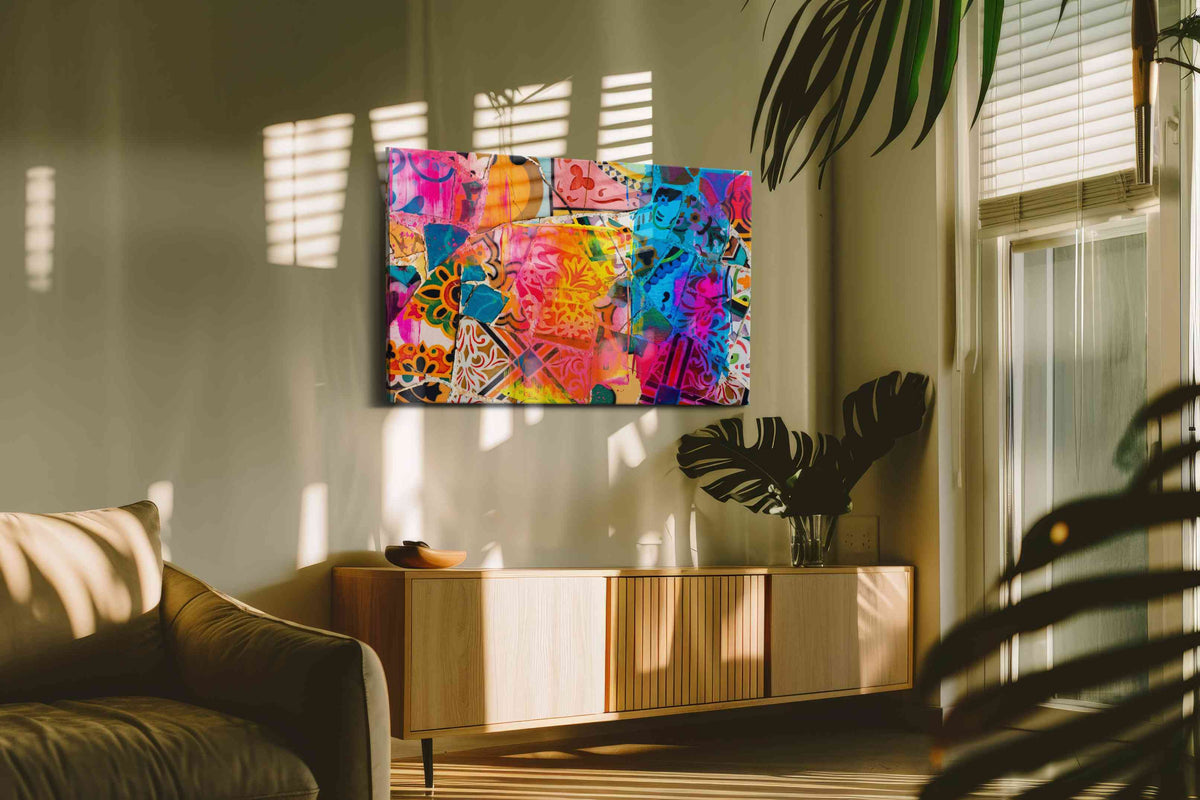 Neon Mosaic Reverie modern canvas print in a contemporary interior mockup