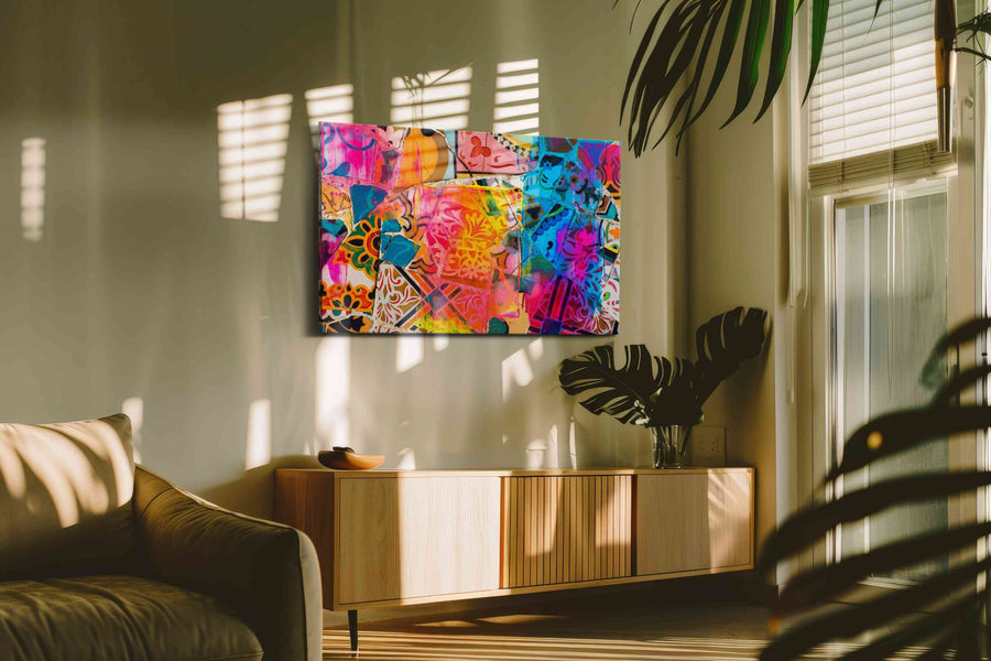 Neon Mosaic Reverie modern canvas print in a contemporary interior mockup