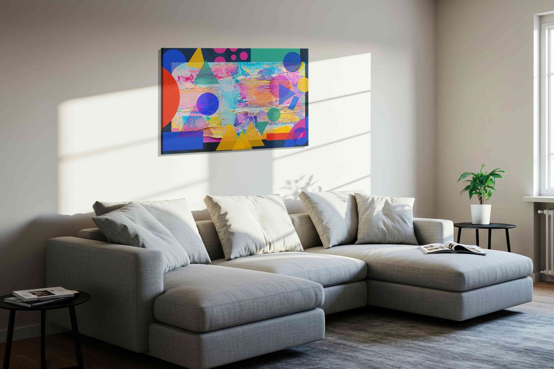Neon Tectonics Reverie modern canvas print, displayed in a living room
