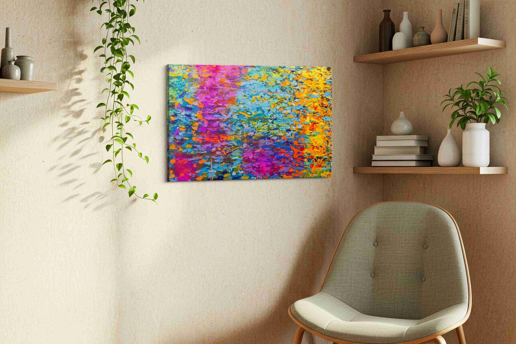 Neon Tidal Mosaic modern canvas print, displayed in a living room
