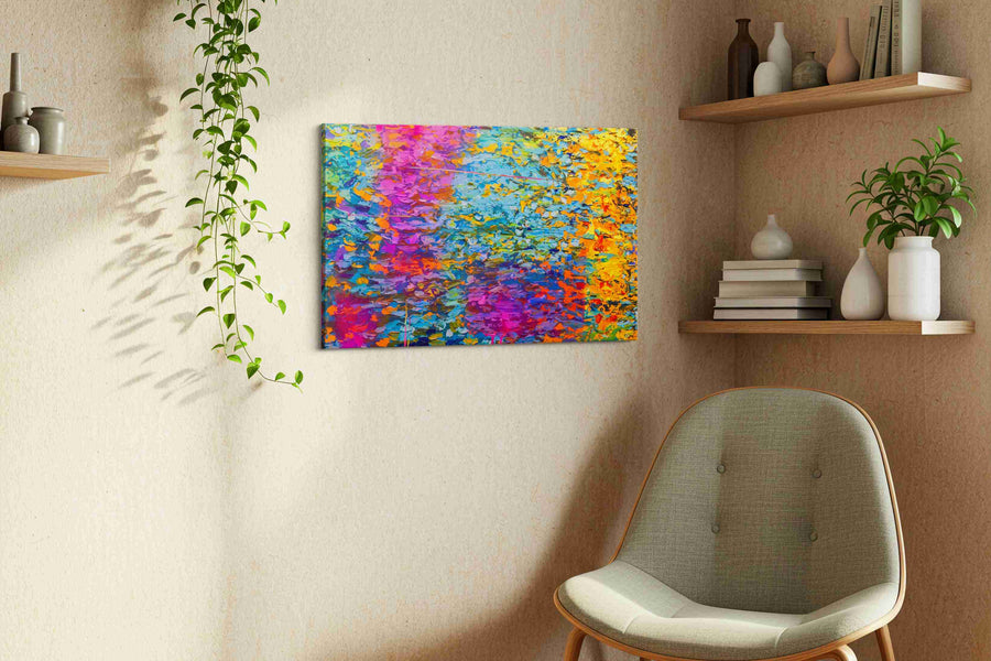 Neon Tidal Mosaic modern canvas print, displayed in a living room