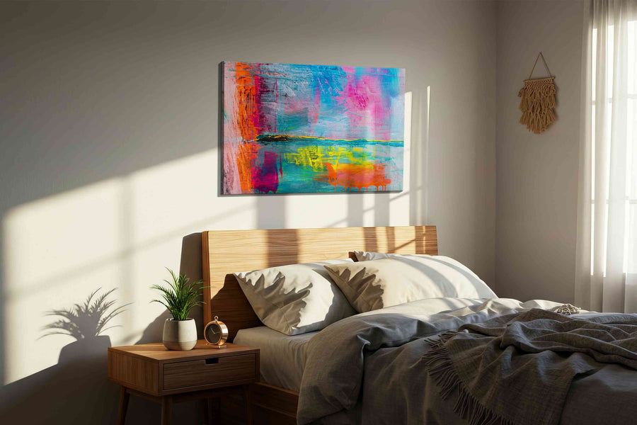 Neon Tide Reverie modern canvas print, displayed in a bedroom