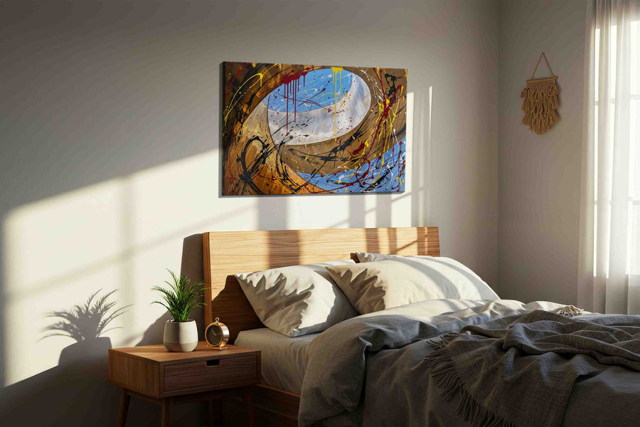 Skywell in Crimson Motion modern canvas print, displayed in a bedroom