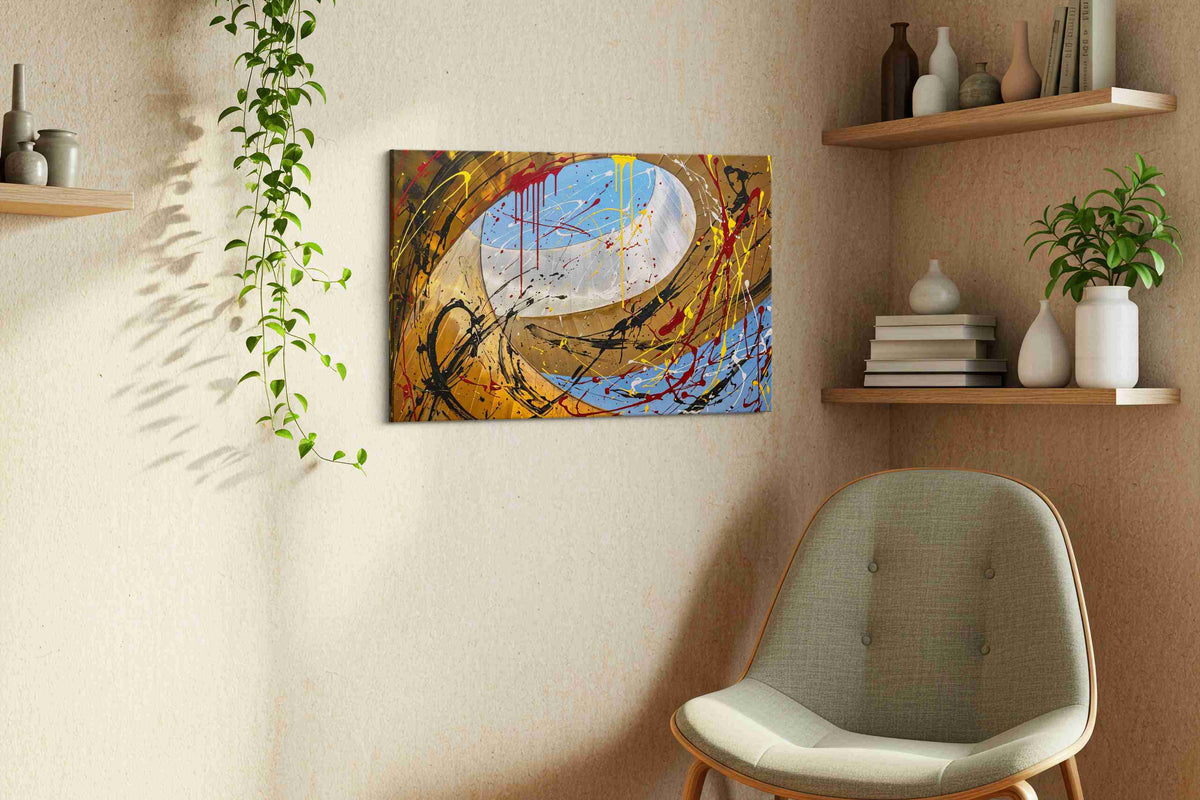 Skywell in Crimson Motion modern canvas print, displayed in a living room