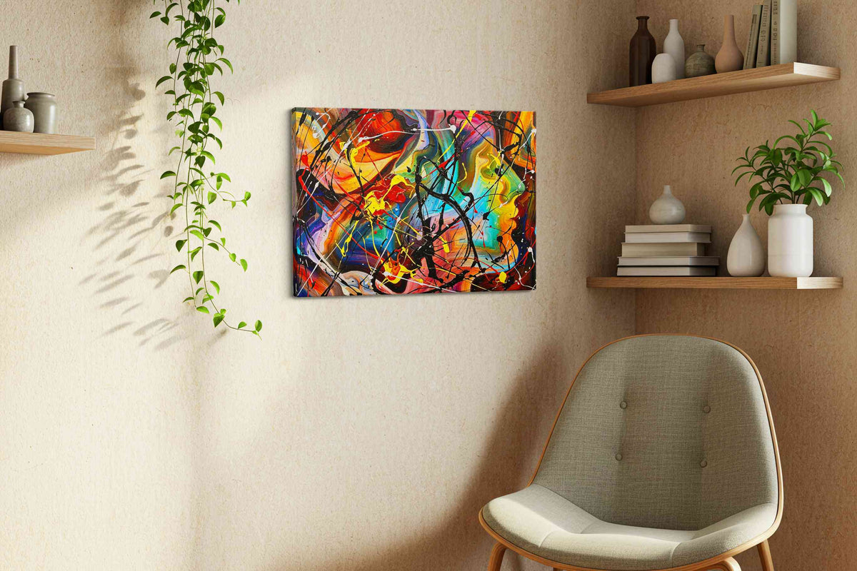 Solar Rhapsody in Black modern canvas print, displayed in a living room