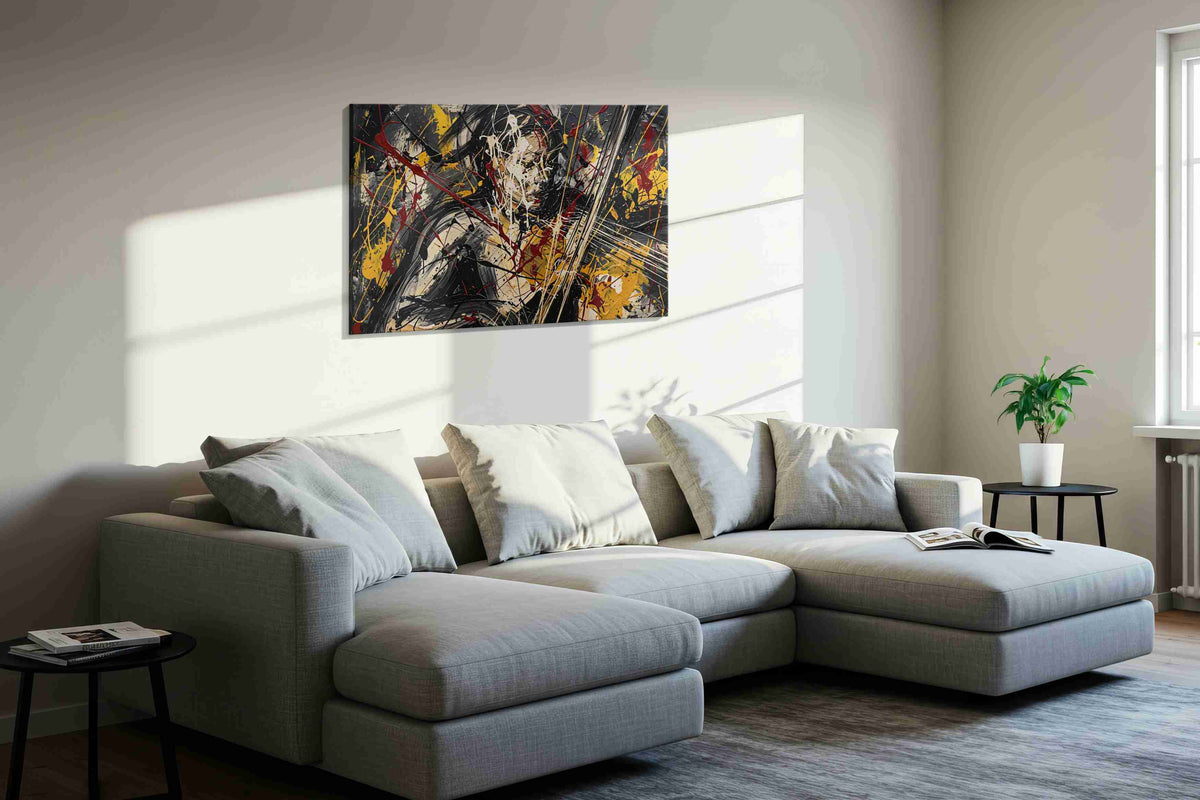 Velvet Riot in Gold modern canvas print in a living room scene