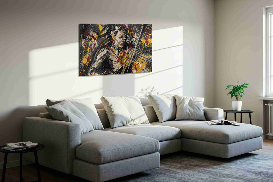 Velvet Riot in Gold modern canvas print in a living room scene