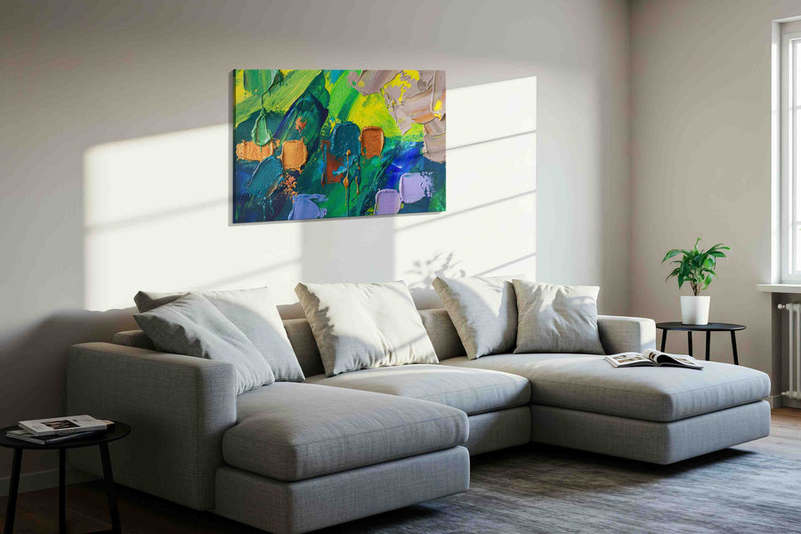 Verdigris Reverie modern canvas print in a living room scene