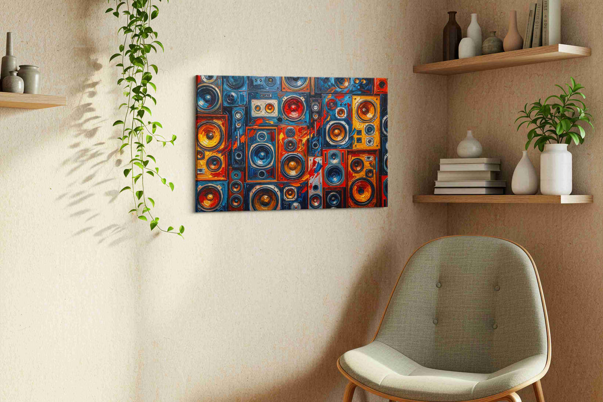 Electric Echo Mosaic music canvas print, displayed in a living room