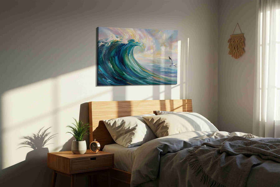 Aurora Tide Ascending ocean canvas print, displayed in a bedroom