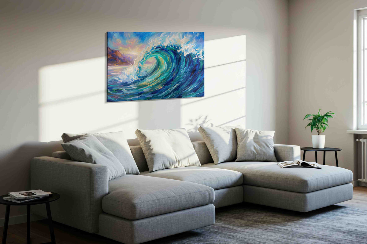 Aurora Tide Crescendo ocean canvas print in a living room scene