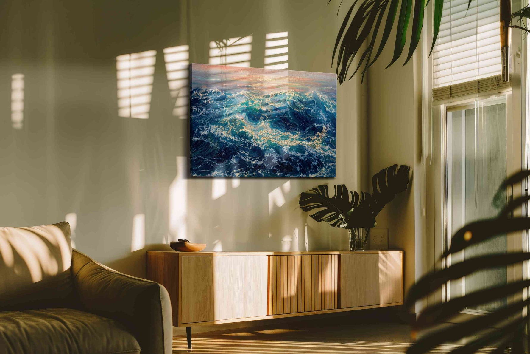 Aurora Tide Rapture ocean canvas print in a contemporary interior mockup