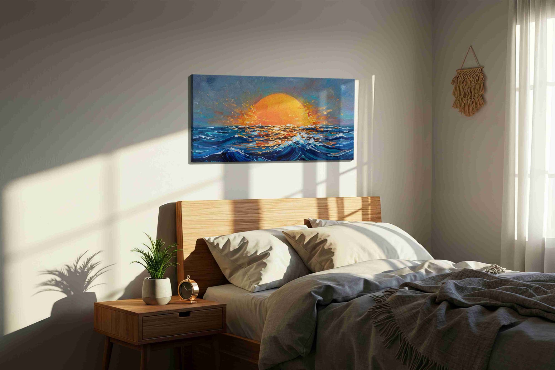 Ember Tide Horizon ocean canvas print, displayed in a bedroom