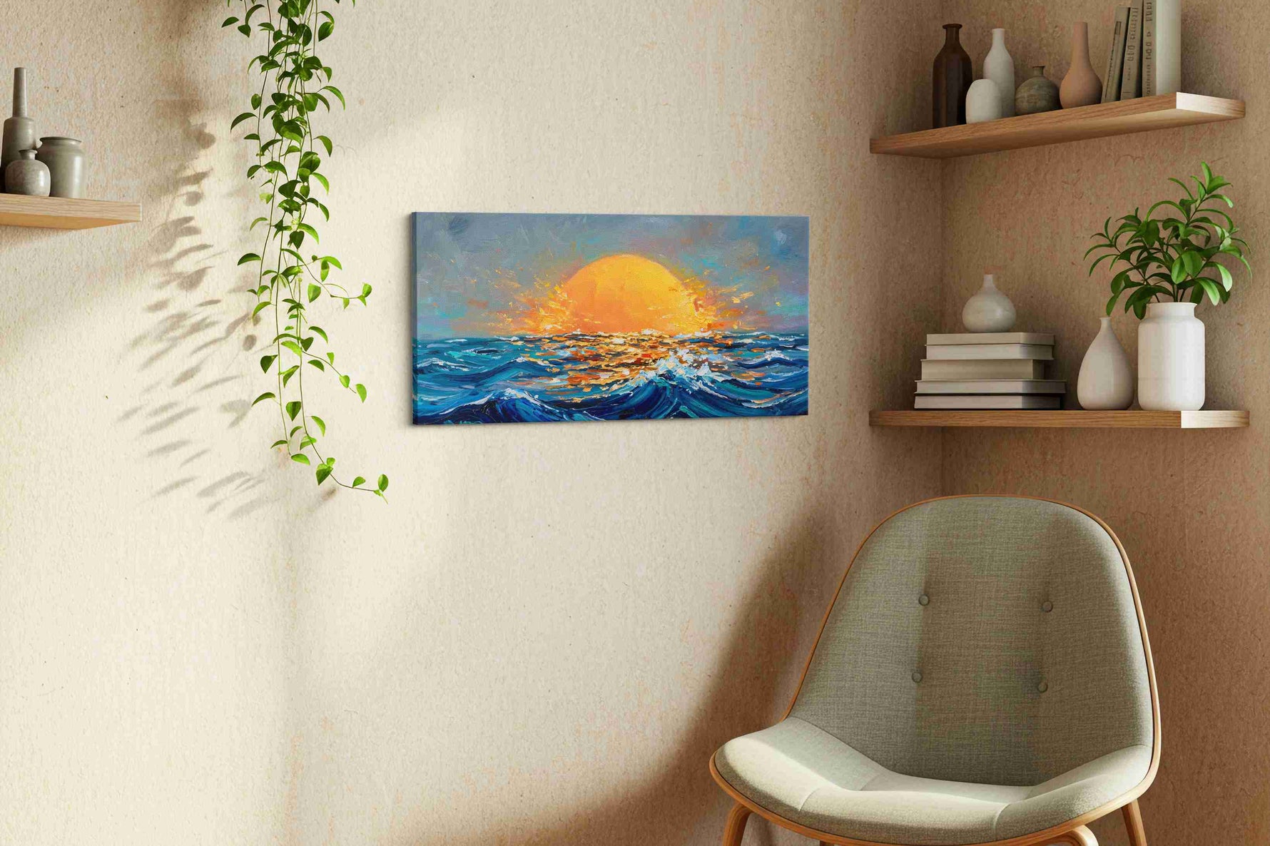 Ember Tide Horizon ocean canvas print, displayed in a living room