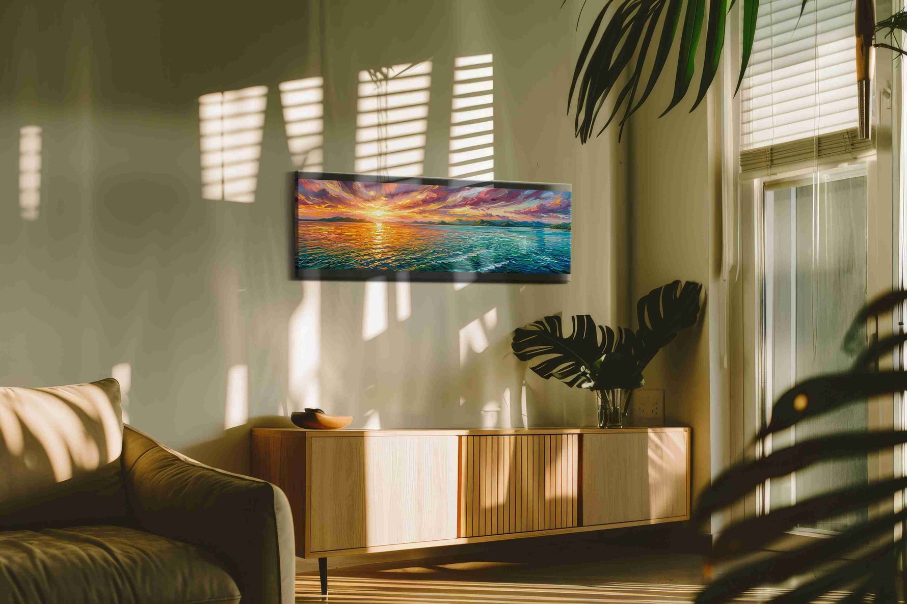 Ember Tide Horizon II ocean canvas print in a contemporary interior mockup