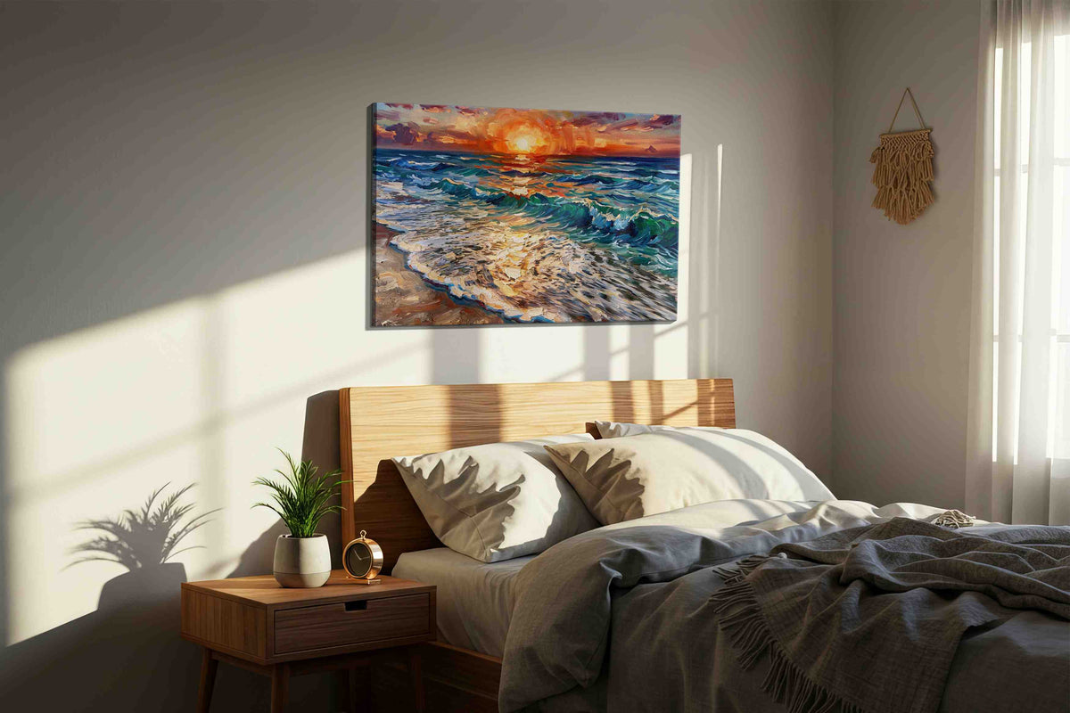 Ember Tide Reverie III ocean canvas print, displayed in a bedroom