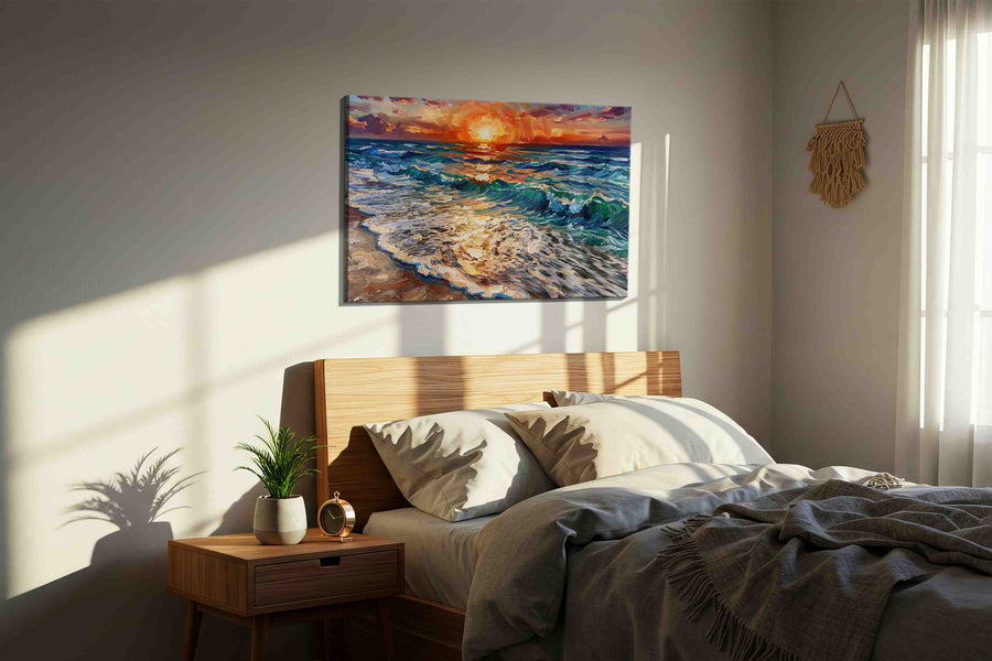 Ember Tide Reverie III ocean canvas print, displayed in a bedroom
