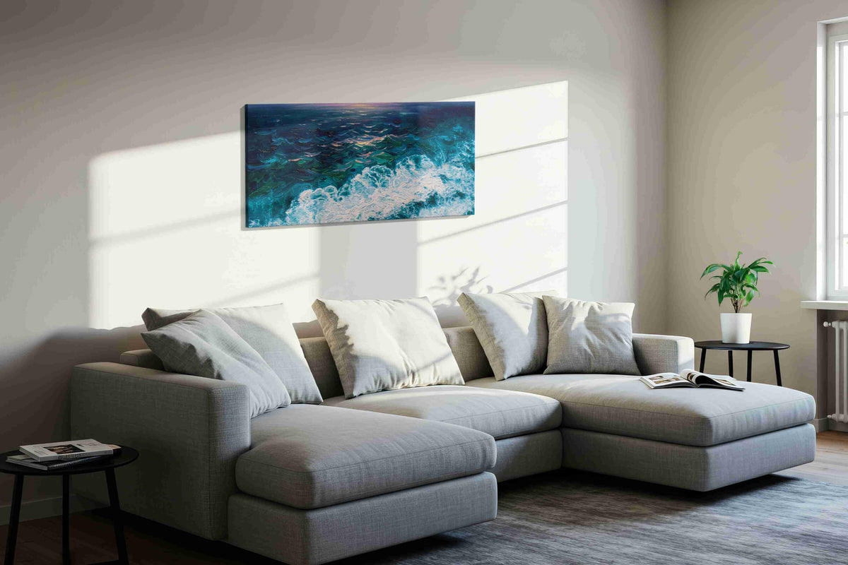 Foam Beneath the Last Light ocean canvas print, displayed in a living room
