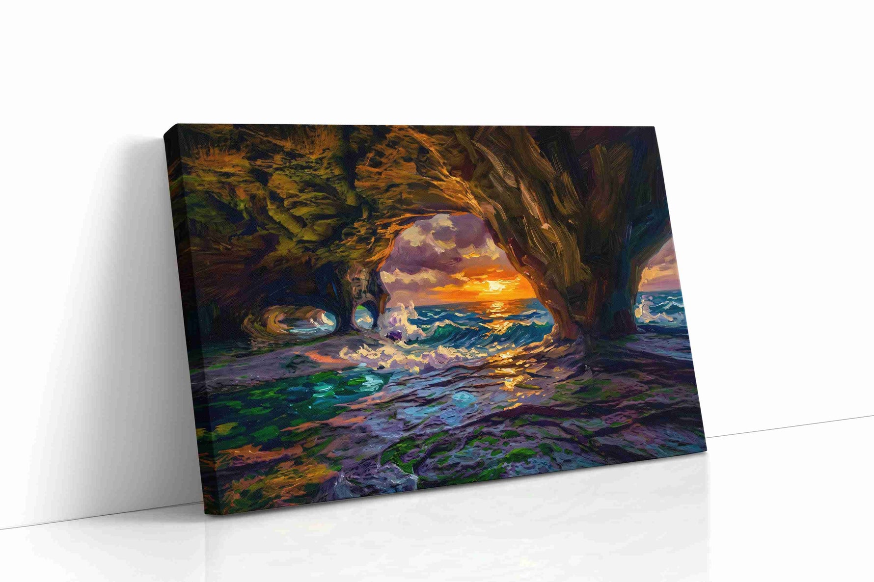 Gilded Tide Grotto ocean canvas print gallery-wrapped landscape canvas studio shot