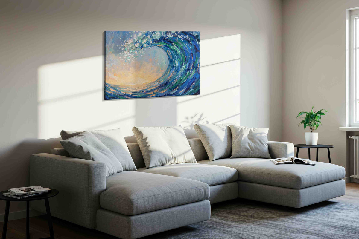 Seafoam Crescendo ocean canvas print, displayed in a living room