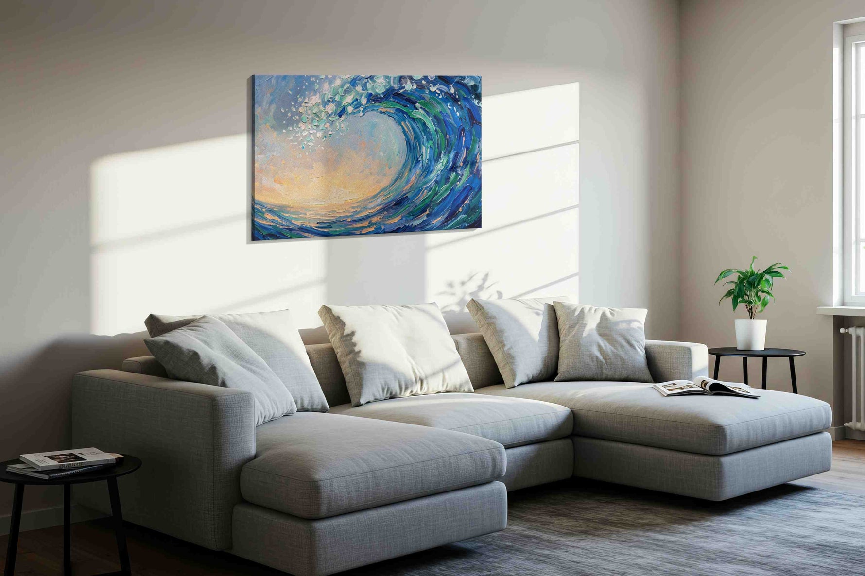 Seafoam Crescendo ocean canvas print, displayed in a living room