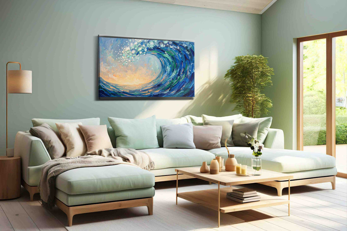 Seafoam Crescendo ocean canvas print, hanging on wall